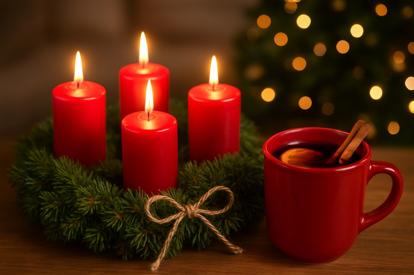 Adventi koszorú, piros gyertyákkal